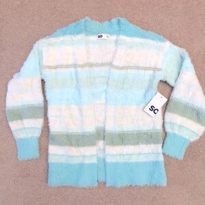 SO Fuzzy Eyelash Cardigan Sweater NEW Girls Size 8 Medium White Pastel Blue